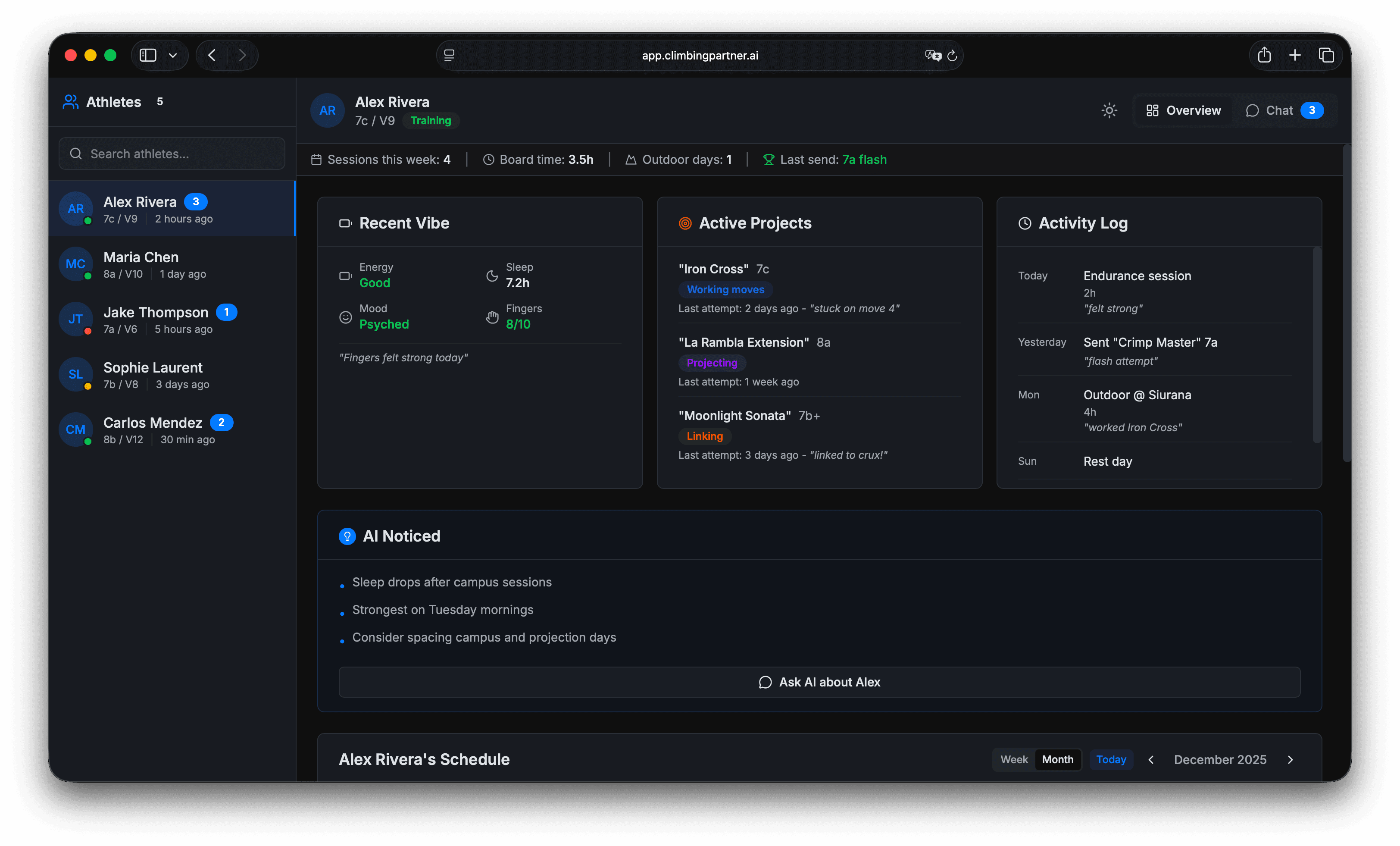 Coach dashboard mockup in dark mode